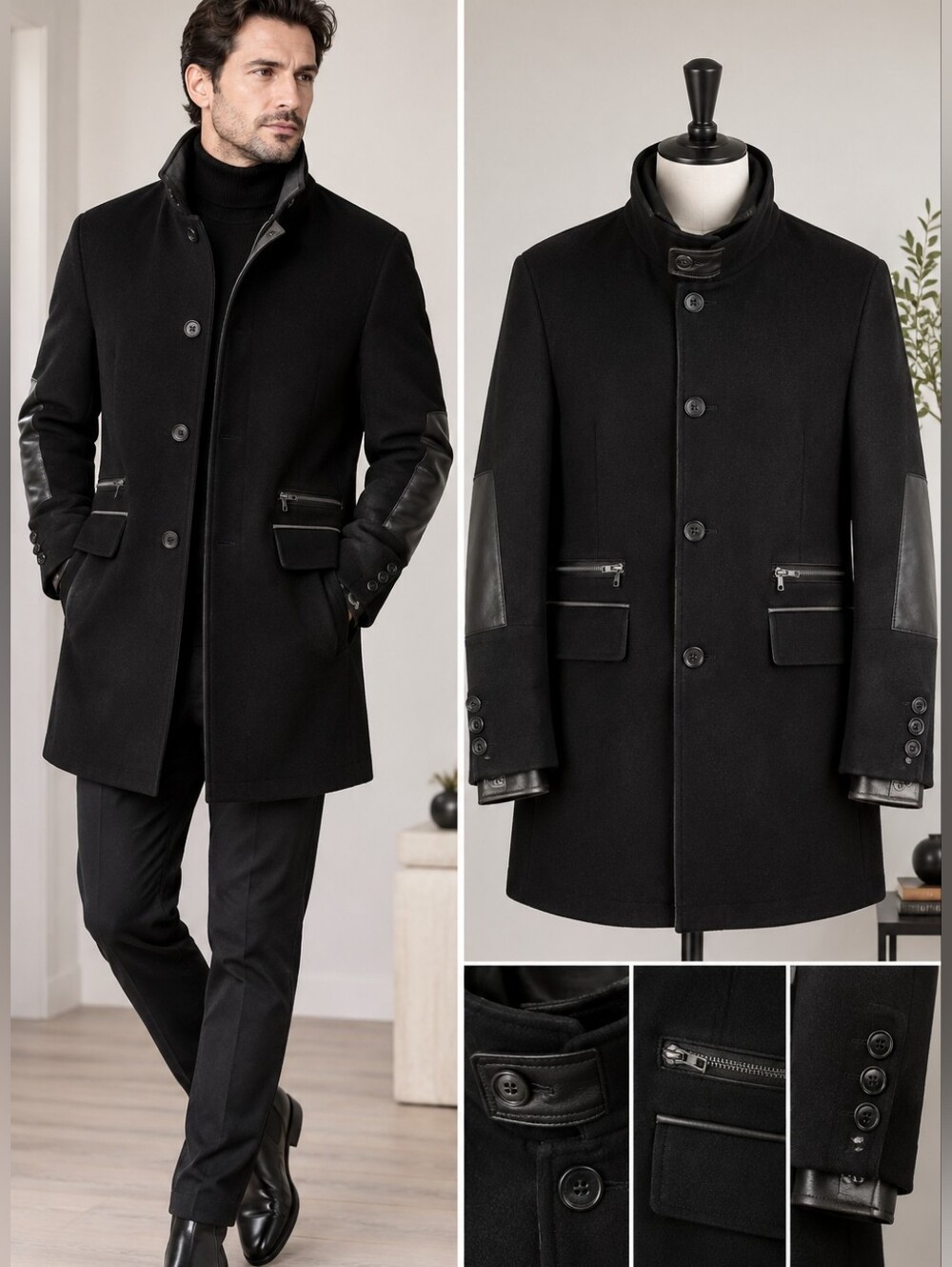 RUDSAK Men’s Black Wool & Cashmere Coat | Size L| Leather Details